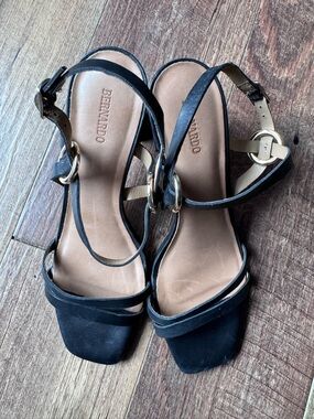 Bernardo Black Suede Strappy Heels with Gold Rings